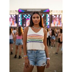 Moon & Madison Rainbow Heart Knit Tank Top Womens L Cream Y2K Festival Pride Fun